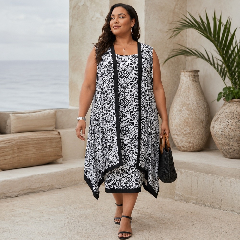 IMAN Women's 3X Sleeveless Midi Dress Attached Kimono Medallion Boho Resort